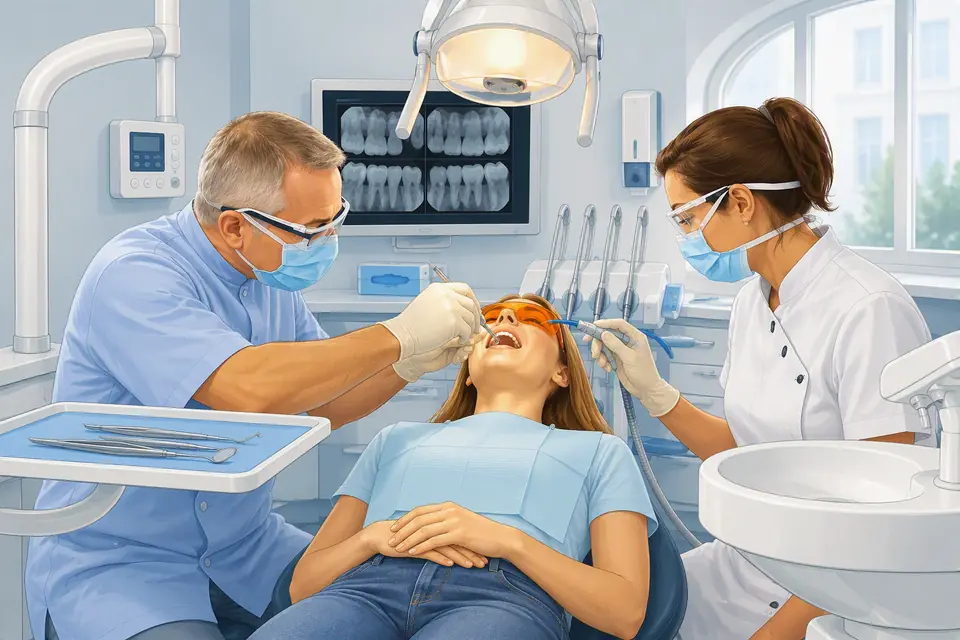 A clinician operating a medical device in a dental clinic