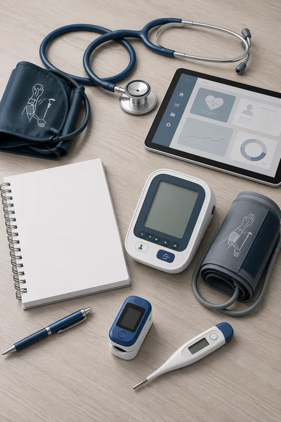 Patient monitoring equipment next to clinical records on a ward