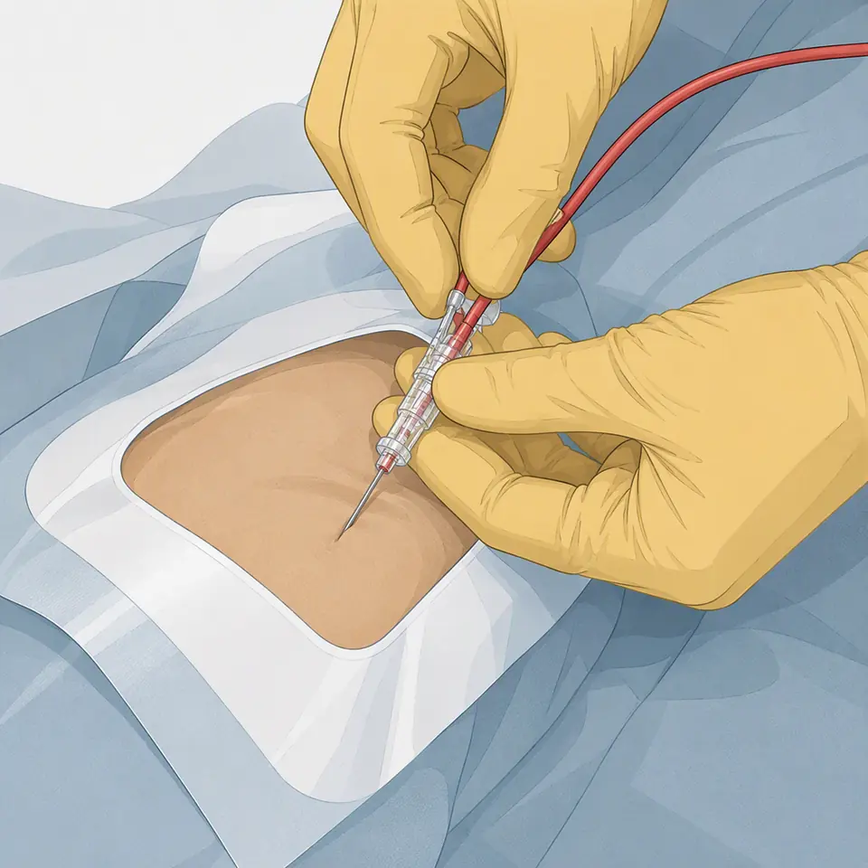 A single-use medical device being prepared at the point of care